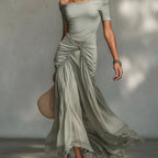 Riviera | Vestido Largo Gris con Detalles de Gasa
